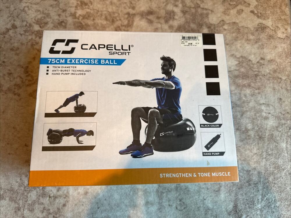 Capelli Sport 75cm Exercise Ball Black Anti-Burst Stability Yoga Ball w/ Pump
